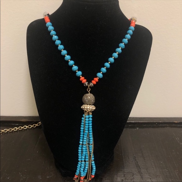 Beaded Long necklace blue orange gold beads cz stones with adjustable sizer NWT - Picture 2 of 7